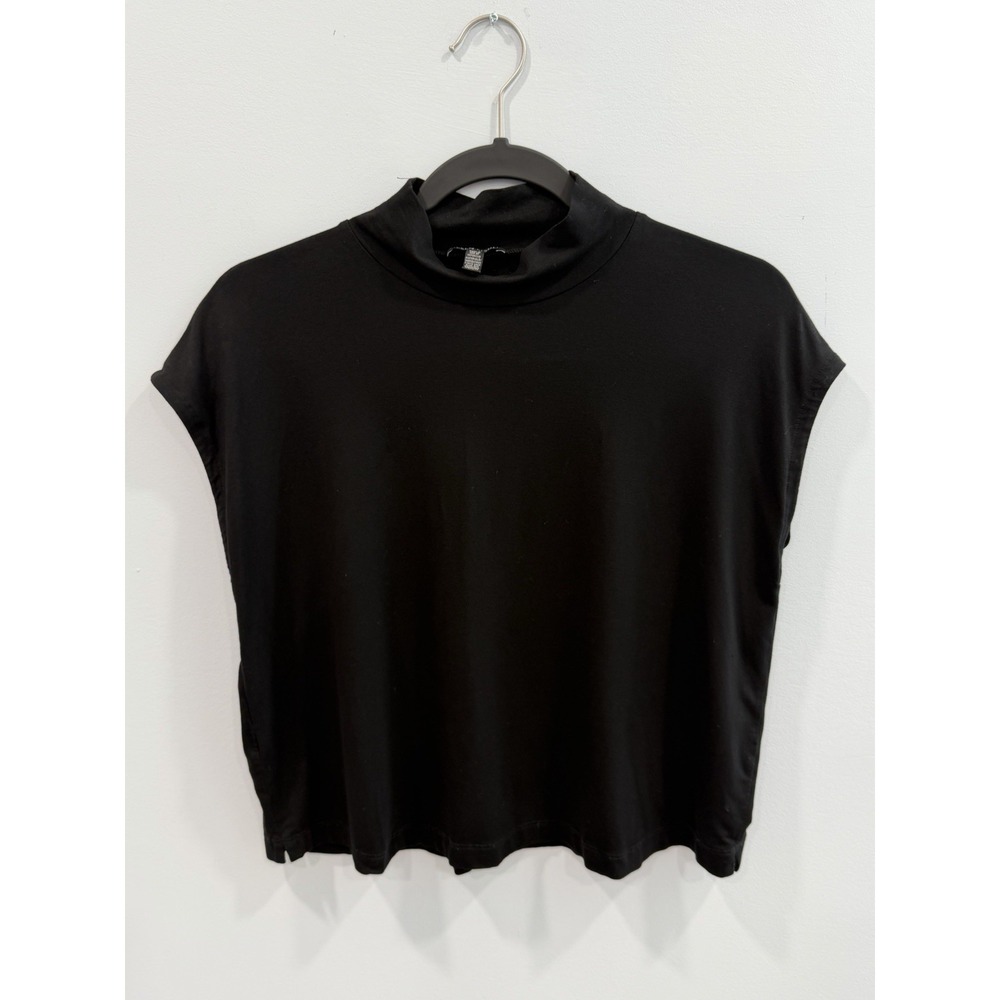 Eileen Fisher Black Mock Neck Sleeveless Draped Top Small Classic Minimalist
